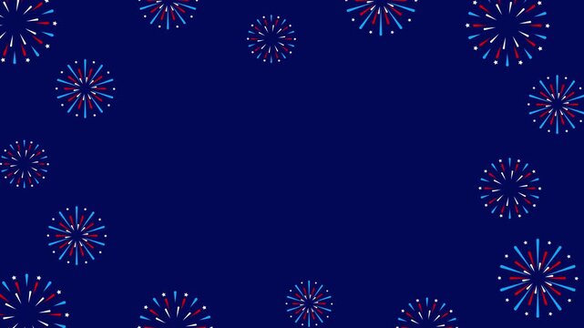 Patriotic red white and blue fireworks frame background with copy space on navy blue for 4th of July.