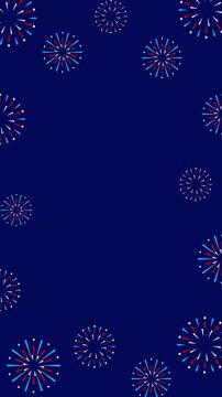 Patriotic red white and blue fireworks frame background with copy space on navy blue for 4th of July.