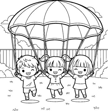 Three happy children playing under a parachute toy outside.