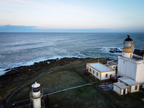 Kinnaird Head Castle Lighthouse aerial view by winter, Fraserburgh, Scotland