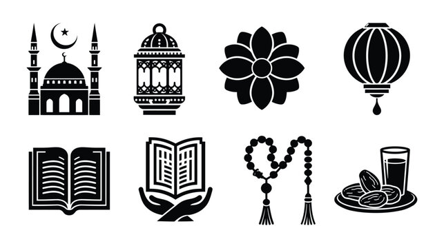Ramadan icon set including mosque, lantern, and prayer beads in black silhouette