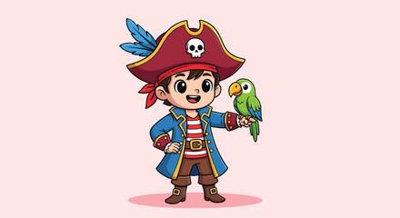 Cute little boy pirate cartoon character with green parrot friend.