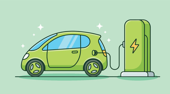 Electric green car charging at a power station cartoon vector illustration for eco friendly transportation and sustainability.