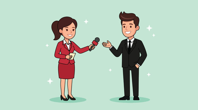 Female journalist in red suit interviewing a professional businessman in a black suit cartoon illustration.