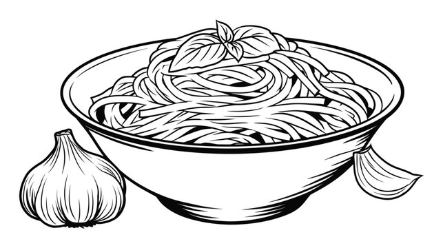 Spaghetti illustration with garlic and basil in bowl vector graphic