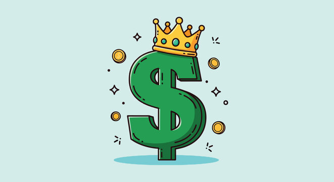 Green Dollar Sign with Gold Crown Cartoon Illustration Representing Wealth and Financial Success.