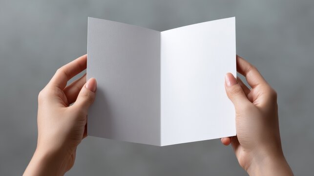 Hands presenting an empty bi-fold brochure with blank panels on a soft gray backdrop