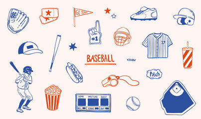 baseball hand drawn doodle illustration collection set vector illustration