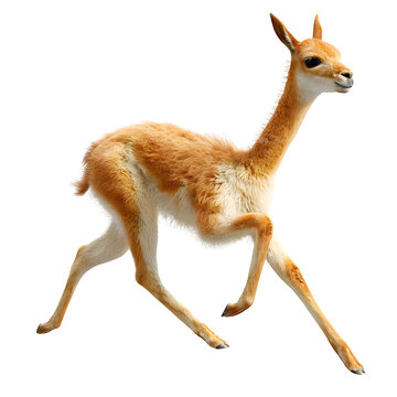Young vicuna running with agility in this detailed studio photograph showing the graceful movement of the small mammal as it moves quickly across the frame with soft natural lighting effects
