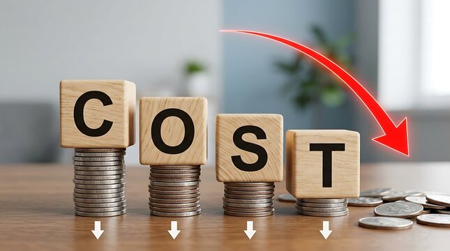 Red arrow decreasing cost on wooden blocks with stacked coins on wooden table background