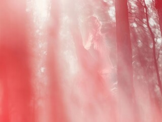 Fototapeta premium A blend of light and color creates an effect in the woods with a figure present in the background at midday