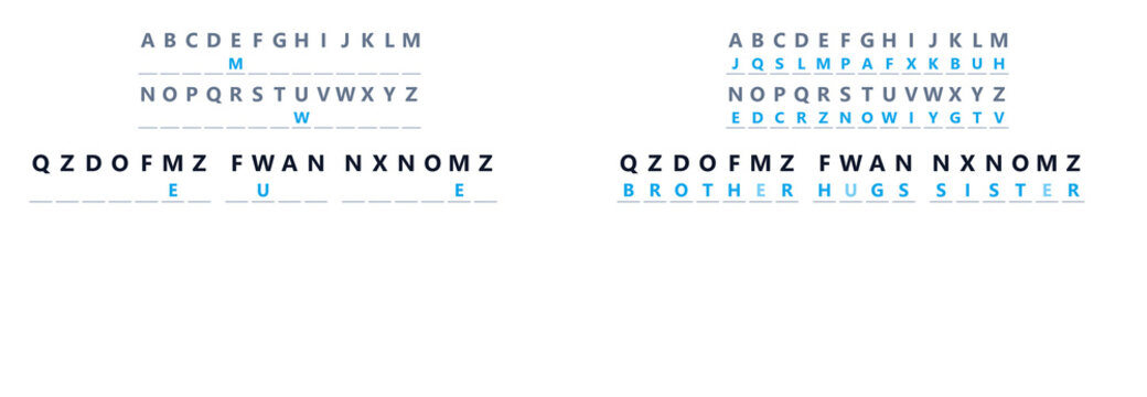 Cryptogram secret message puzzle. Unsolved substitution cipher and solved key with family phrase.