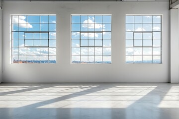 Fototapeta premium Bright Modern Interior with Large Windows and Scenic View of Blue Sky and Clouds