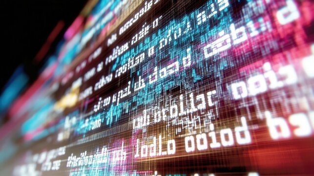Floating holographic lines of code create a digital display showing data in a modern environment with bright colors and patterns