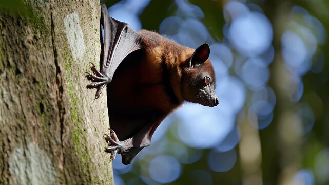 A fruit bat clings to a textured tree trunk, looking alert