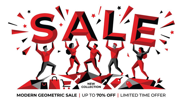 Shoppers hold up large red letters to spell out a sale promotion for a modern retail collection.