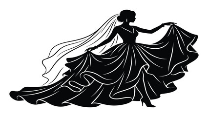 Bride in a long flowing wedding gown stands elegantly while holding her dress with a bridal veil. © adnan