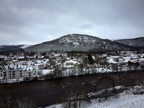 Dee river aerial view in Ballater by winter, Scotland