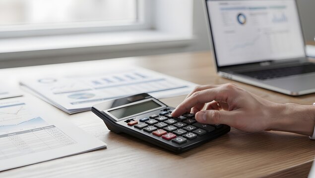 Ultra-realistic office desk photo of accountant hand performing finance calculations, calculator buttons visible, report paperwork and laptop in background, soft daylight, premium commercial clarity