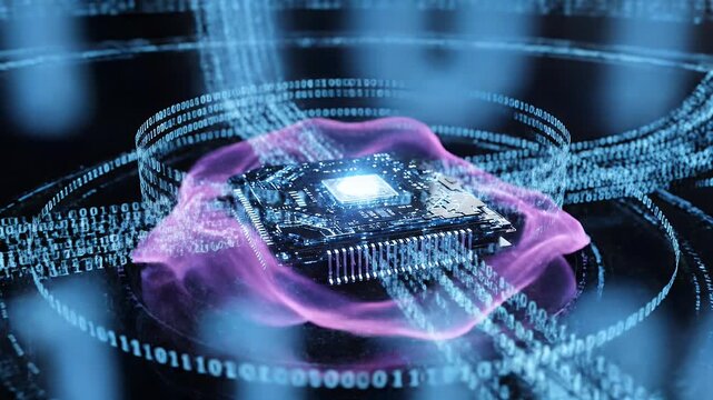 A complex circuit board glows brightly, surrounded by swirling digital binary code