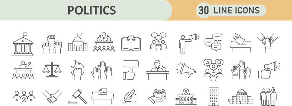 Set of thirty politics line icons for government and public affairs concepts with politics government democracy diplomacy election political congress administration campaign authority