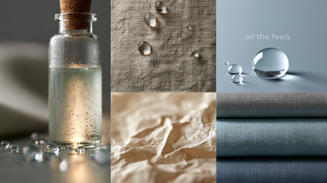 Eine Collage aus nat&uuml;rlichen Materialien zeigt ein Glasfl&auml;schchen, Wassertropfen, gefalteten Stoff und Glasperlen auf hellem Hintergrund