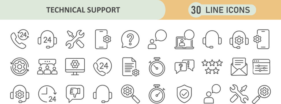 Customer service technical support line icon set for help desk and it troubleshooting with technical customer assistance technology troubleshooting communication solution maintenance computer