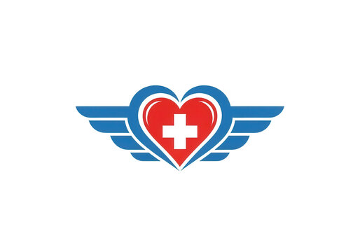 Medical emergency logo with red heart and blue wings, healthcare cross symbol illustration, air ambulance and first aid icon on white background