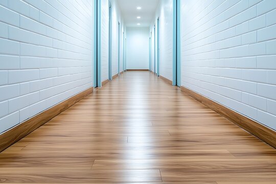 Bright and Clean Hallway with Glossy Wooden Floor and White Tiled Walls in Modern Building