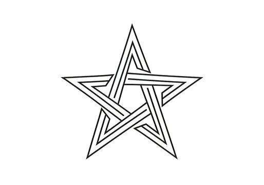 Geometric pentagram star icon, black line art five-pointed star illustration, interlocking celtic knot star symbol on white background