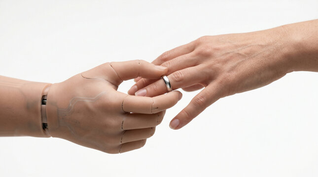 Ringtausch Bionik Bionisch Biorobotik Bionics Trauung Biorobotics Hände Biomechanisch Hochzeit. Bionische Hand steckt menschlicher Hand einen Ehering an.