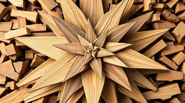 wooden star sculpture resting on rustic wood scrap background