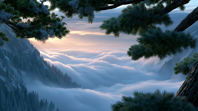Ein malerischer Blick auf eine von Nebel verh&uuml;llte Berglandschaft durch Kiefernzweige bei Sonnenuntergang.
