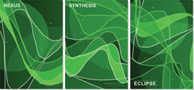 Abstract futuristic 2026 green poster set featuring fluid neon waves, elegant glowing lines, nexus synthesis eclipse typography vector background for creative corporate design templates.