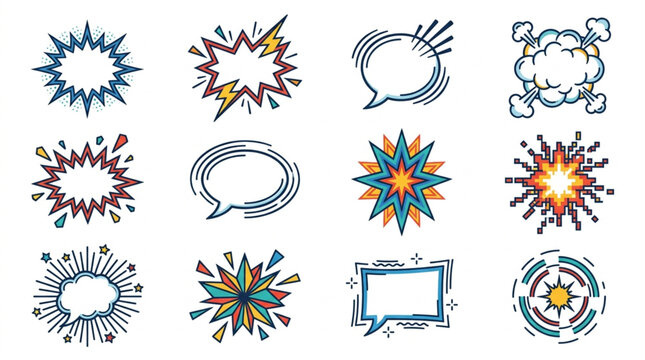 Collection of Comic Book Style Speech Bubbles and Explosions.