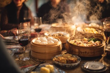 Naklejka premium Extended family feast with fresh dim sum assortment as centerpiece with steaming baskets