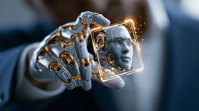 Eine mechanische Roboterhand h&auml;lt ein leuchtendes holografisches Gesicht eines humanoiden Roboters vor dunklem Hintergrund