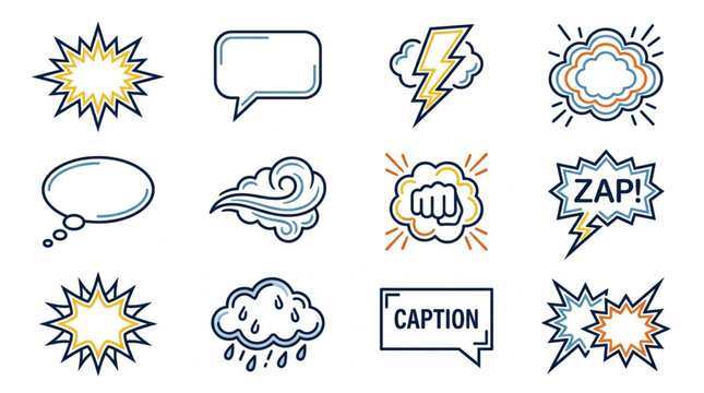Collection of comic book style speech bubbles and sound effects.