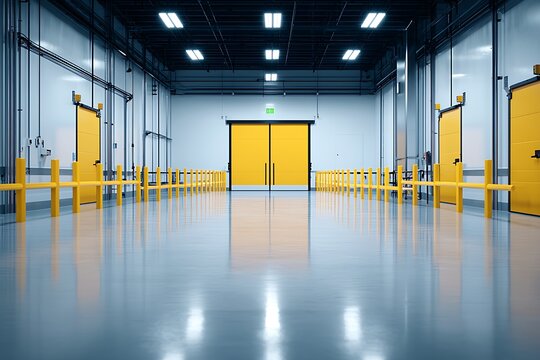 Bright Industrial Warehouse Interior with Yellow Doors and Clean Reflective Floor Space