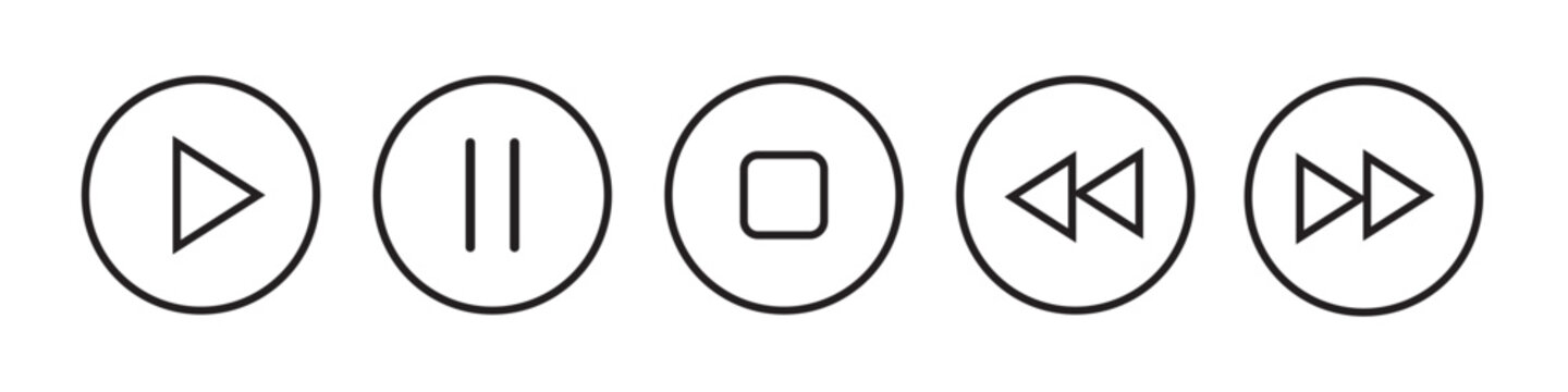 Media player control icons set with play pause stop fast forward and rewind buttons in circular outlines, clean vector interface symbols for apps, web design and UI