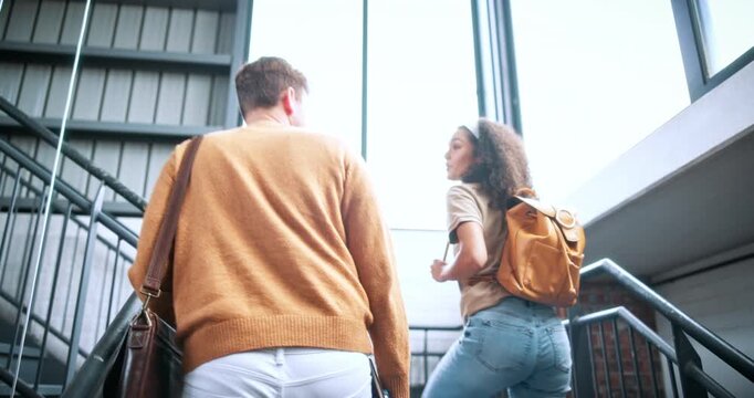 University, arrival or friends on stairs with bonding, friendly chat or planning of group project. Discussion, people or students with walking, peer connection or team update on college assignment.