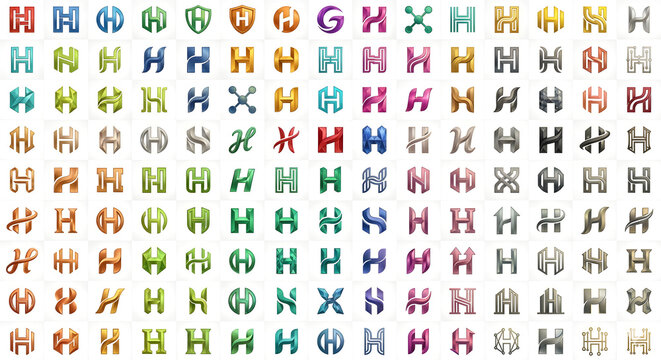 Vibrant multi‑color letter H logo collection displaying hundreds of abstract monograms in metallic gradients, shields and geometric forms, offering dynamic choices for energetic technology, gaming, ho
