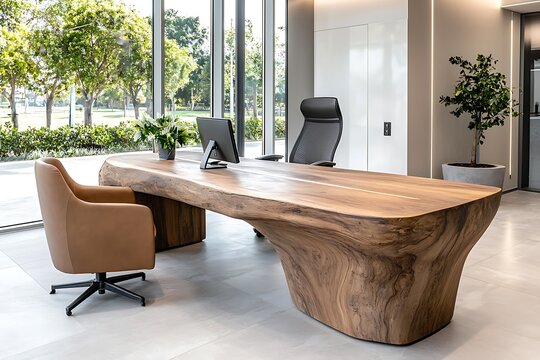Modern office interior featuring stylish wooden desk and ergonomic chair with greenery