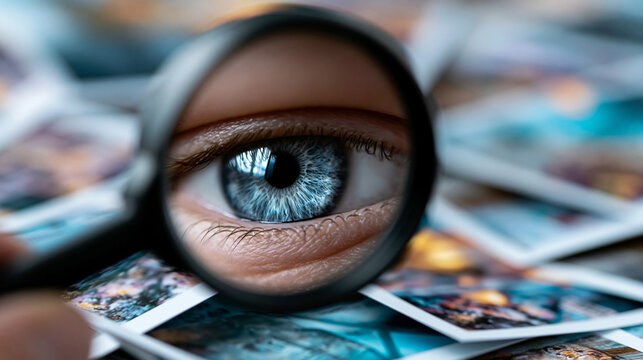 Ein blaues menschliches Auge, durch eine Lupe vergr&ouml;&szlig;ert, liegt &uuml;ber einem Haufen ausgedruckter Fotos