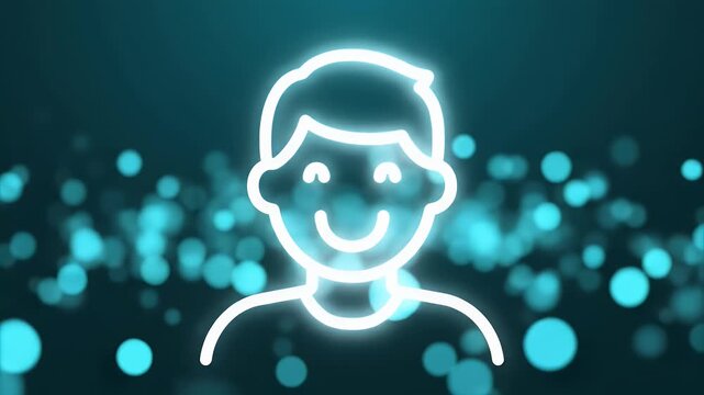 Minimalist white outline of a smiling person against a dark teal bokeh background