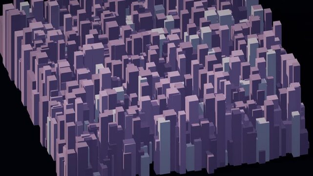 Seamless 4K aerial loop of a glowing futuristic city skyline assembling from light &mdash; procedural towers and data-blocks in cinematic depth.