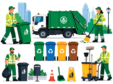 Sanitation flat vector illustration featuring sanitation workers, waste collection bins, recycling containers, cleaning equipment, and a clean urban environment