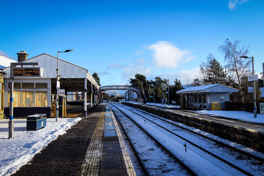 Platform at Kingussie railway station view by winter, Cairngorms, Scotland