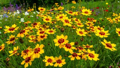 Obraz premium Vibrant field of yellow and reddish flowers with lush green grass and blurred colorful background