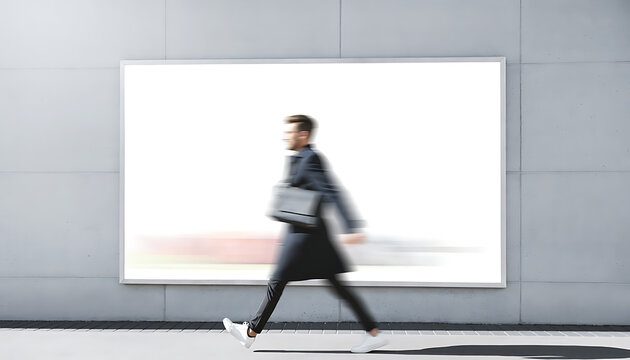 A person walks quickly past a large blank advertisement poster on a gray wall.